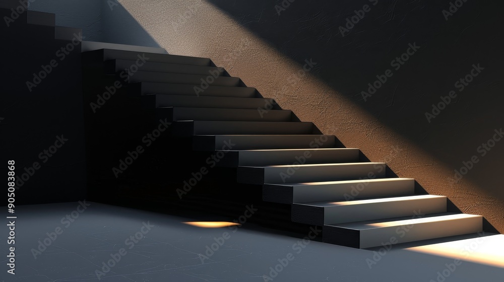 A single beam of light illuminates a concrete staircase in a dark, minimalist space. A single beam of light illuminates a concrete staircase in a dark, minimalist space.