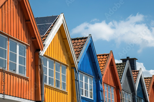  Row of colorful houses with steep roofs and solar panels, showcasing a commitment to renewable energy in a vibrant community. photo