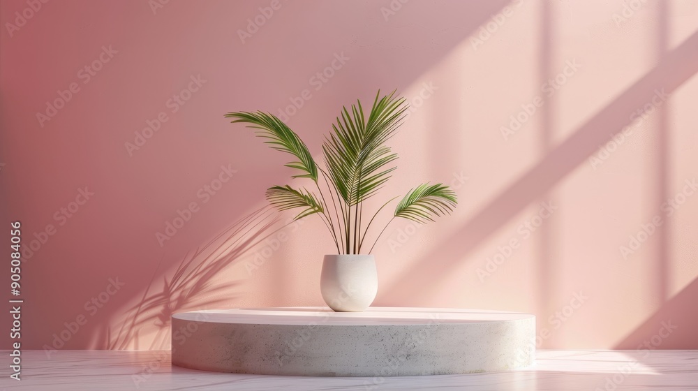 A single potted plant with lush green leaves sits on a white pedestal against a soft pink wall bathed in warm sunlight.