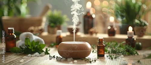 Image of an aromatherapy setup with a diffuser emitting a gentle mist, surrounded by essential oil bottles and fresh herbs on a wooden table photo