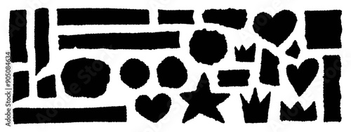 Torn paper shape vector illustration. Collage sticker piece, shred strip, cut black sheet. Blank horizontal note. Set of headline band. Calligraphy border, isolated grunge header background
