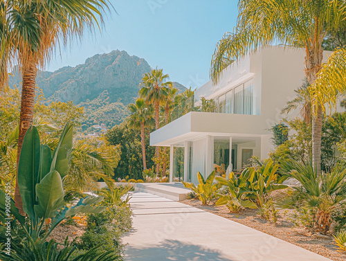 Modern house balcony palm trees landscape lawn nature mountains blue sky