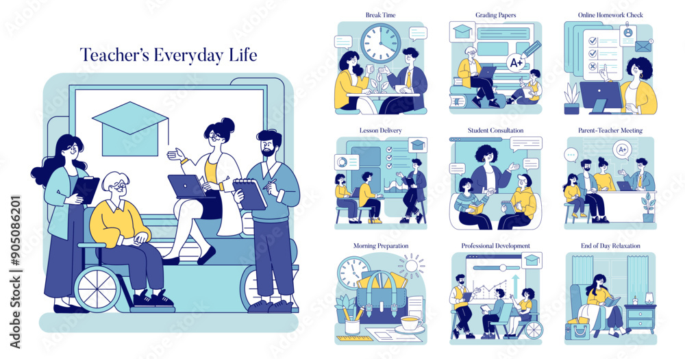 Fototapeta premium Teachers Everyday Life. Flat Vector Illustration