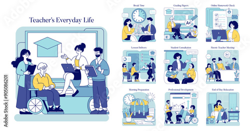 Teachers Everyday Life. Flat Vector Illustration