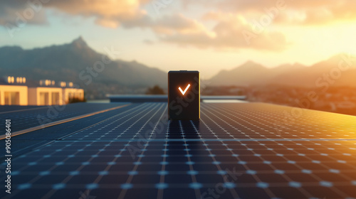 Solarenergie Solarpanels auf Dach mit digitalem Batterie Symbol Hologramm für Ladezustand des Energiespeichers Generative AI photo