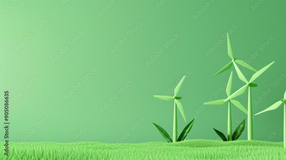 Minimalist 3D rendering of wind turbines on a green field, representing renewable energy and a sustainable future. Minimalist 3D rendering of wind turbines on a green field, representing renewable energy and a sustainable future.