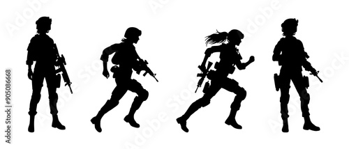 Female soldier in action silhouette black filled vector Illustration icon