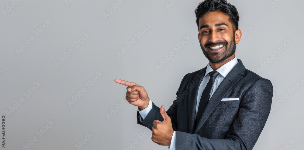 young man in suit pointing finger and smiling young man in suit pointing finger and smiling