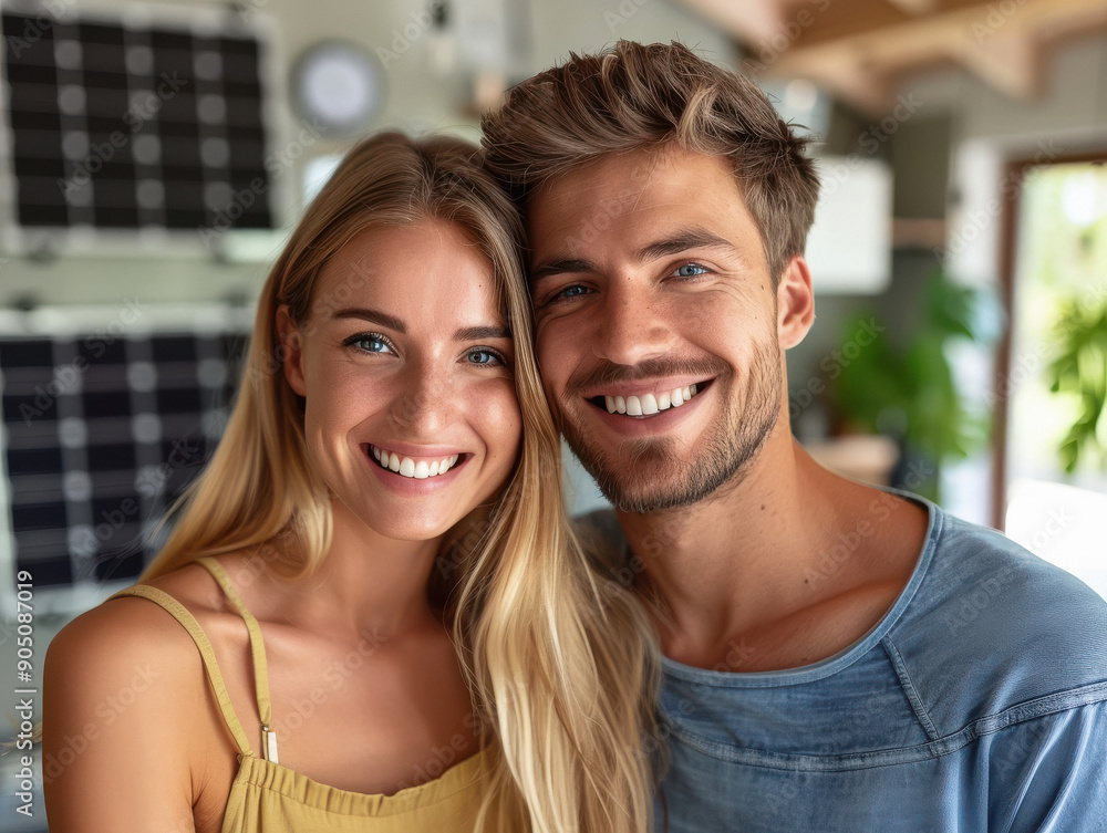 Couple Standing In Front House With Solar Panel On Roof Couple Standing In Front House With Solar Panel On Roof