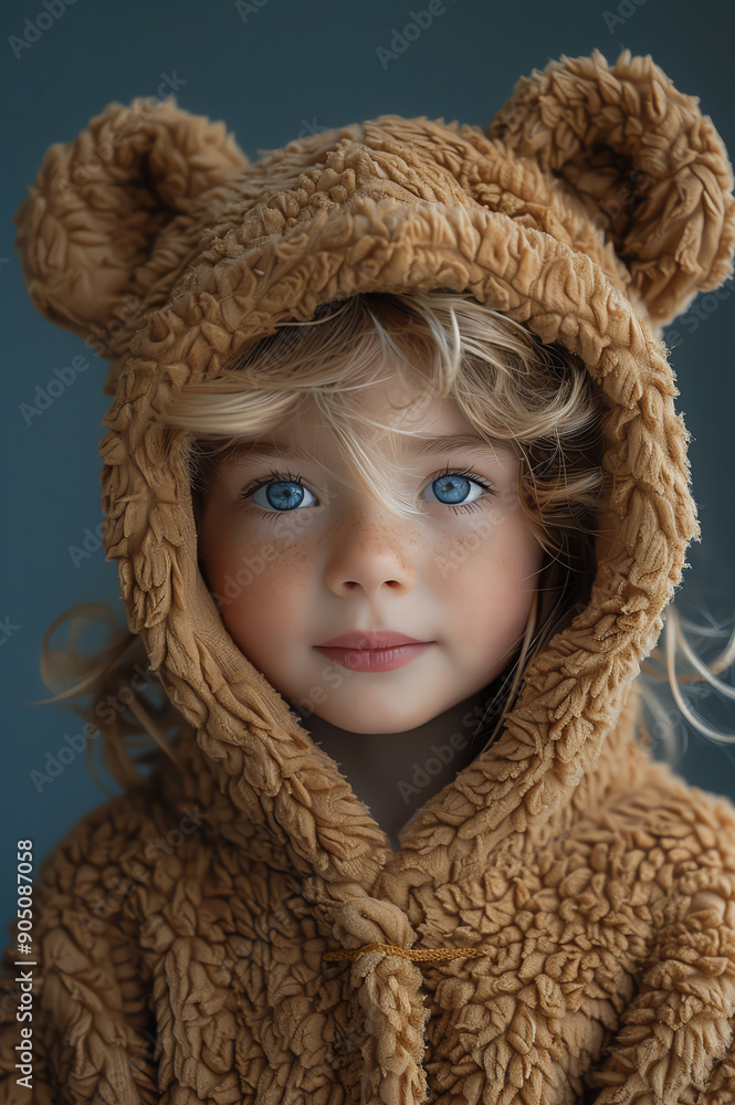 Child in bear costume, blue background, closeup, cute and cozy Child in bear costume, blue background, closeup, cute and cozy