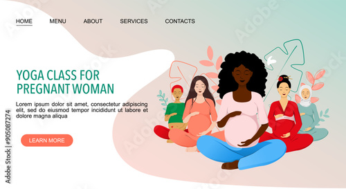 Yoga Class For Pregnant Woman landing page template with women sitting in lotus pose with different ethnicity	