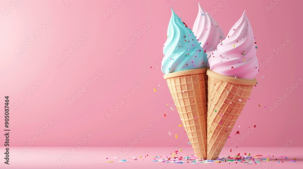 Three ice cream cones with blue, pink and white ice cream against a pink background. Sprinkles are scattered around. Perfect for summer, fun and delicious! Three ice cream cones with blue, pink and white ice cream against a pink background. Sprinkles are scattered around. Perfect for summer, fun and delicious!