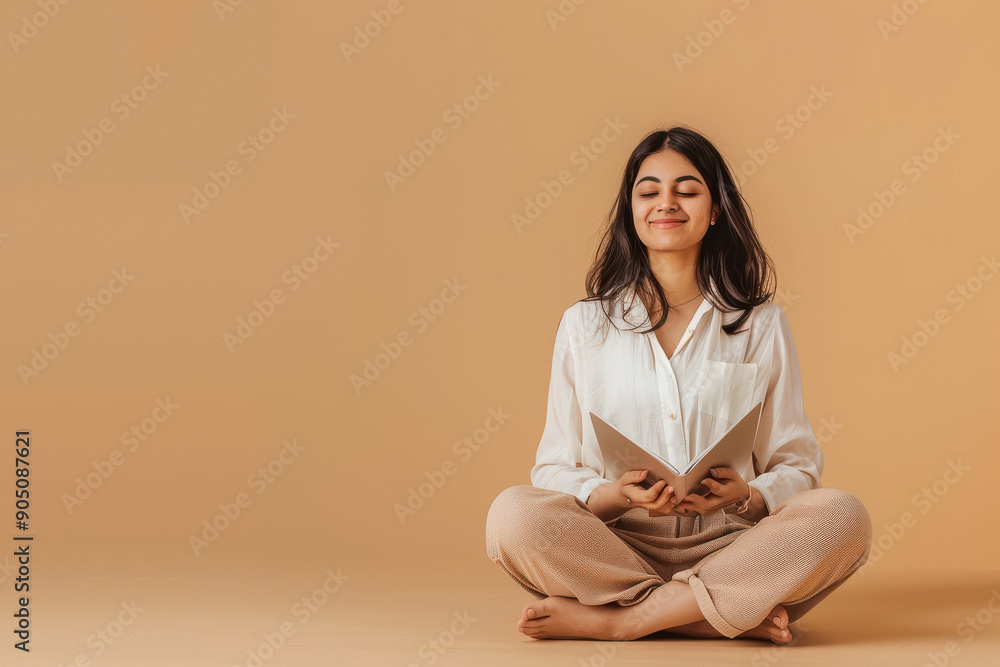 pretty indian lady sit floor notebook direct fingers empty space offer isolated on beige color background pretty indian lady sit floor notebook direct fingers empty space offer isolated on beige color background