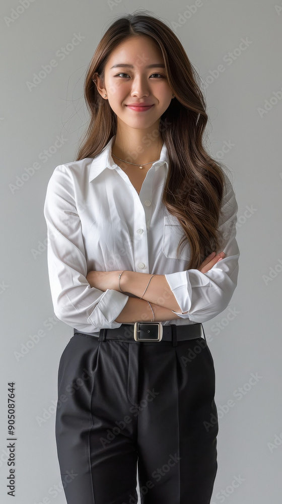 smiling female Asian bank teller standing or corporate employee smiling female Asian bank teller standing or corporate employee