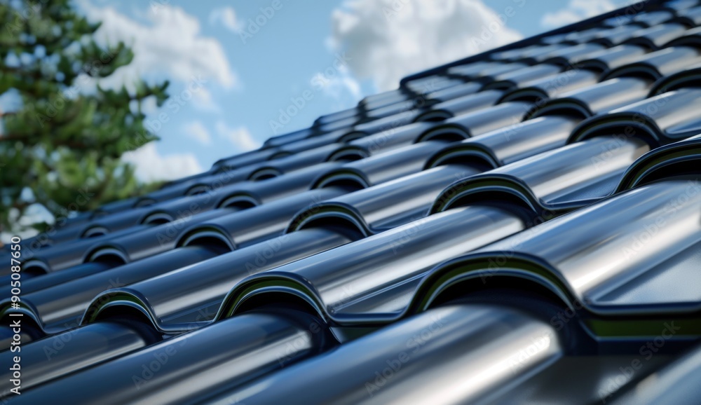 Close up of metal roof tiles in a dark blue color on the house Close up of metal roof tiles in a dark blue color on the house