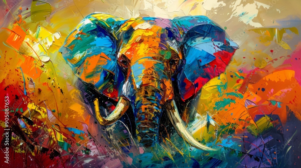 Fototapeta premium A vivid elephant bursts with color amidst dynamic abstract patterns and textures, showcasing artistic creativity