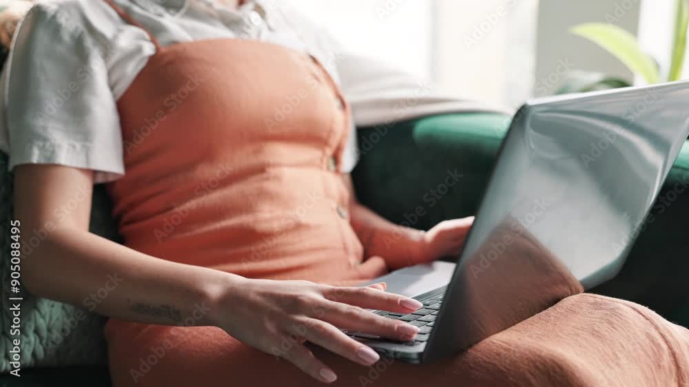 Scroll, sofa and woman hands in home with laptop, reading and editor on website for freelance career. Research, networking and girl in living room for remote work, writing and computer for online job Scroll, sofa and woman hands in home with laptop, reading and editor on website for freelance career. Research, networking and girl in living room for remote work, writing and computer for online job