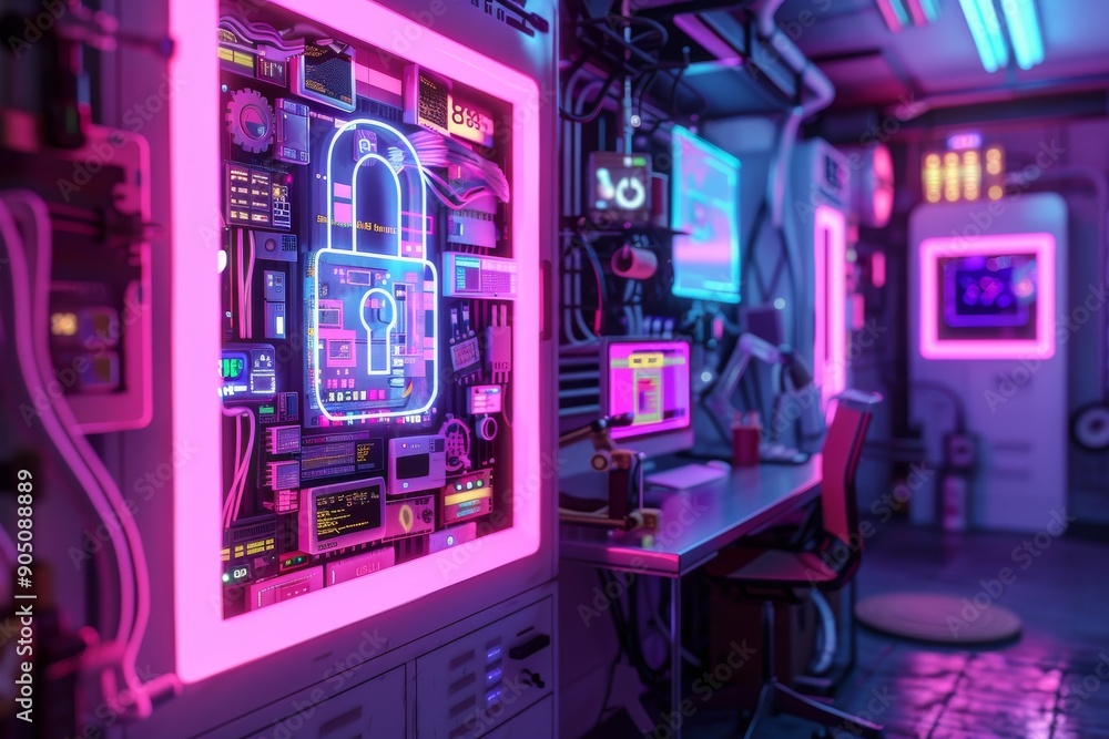 Neon-lit cybernetic corridor with pink and blue padlocks, illustrating secure digital environments and cyber protection. Neon-lit cybernetic corridor with pink and blue padlocks, illustrating secure digital environments and cyber protection.