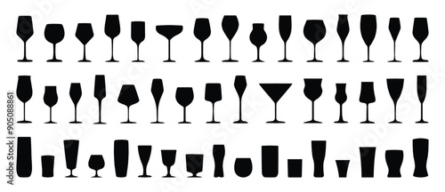 Wine glasses silhouette. Set of various types of wine glass vector collection silhouettes on white background. 