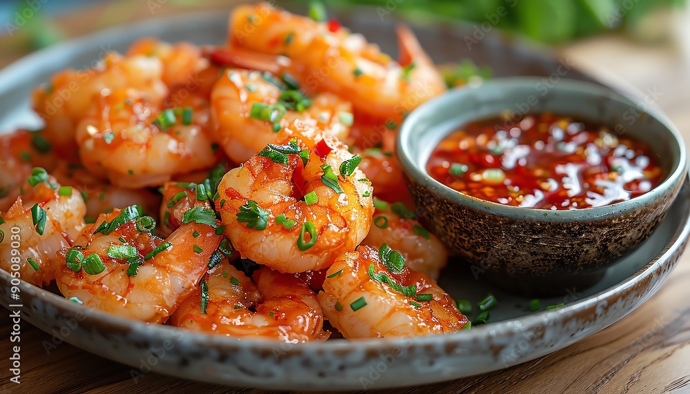 Plate of tempura shrimp with dipping sauce, wooden table, vibrant and appetizing Plate of tempura shrimp with dipping sauce, wooden table, vibrant and appetizing