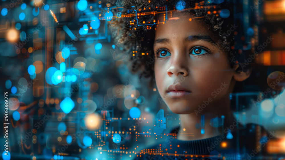Close-up portrait of a young child with curly hair gazing at glowing lights, creating a dreamy and contemplative atmosphere. Perfect for themes of childhood wonder, imagination, or technology Close-up portrait of a young child with curly hair gazing at glowing lights, creating a dreamy and contemplative atmosphere. Perfect for themes of childhood wonder, imagination, or technology