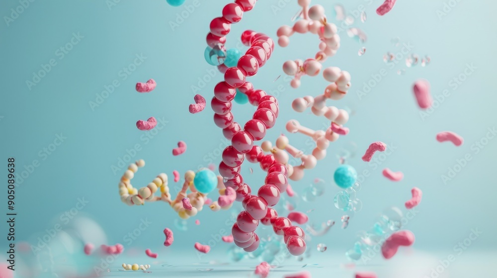A colorful DNA double helix structure against a blue background with abstract shapes. A colorful DNA double helix structure against a blue background with abstract shapes.