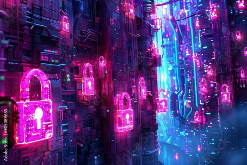 Rain-soaked neon-lit street with glowing red padlocks, evoking a sense of urgency and heightened security in urban nightscapes.