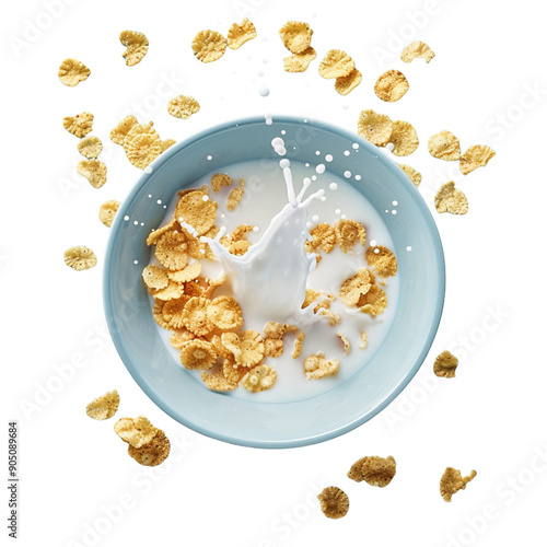 falling Corn flakes with pouring milk isolated on transparent background psd 