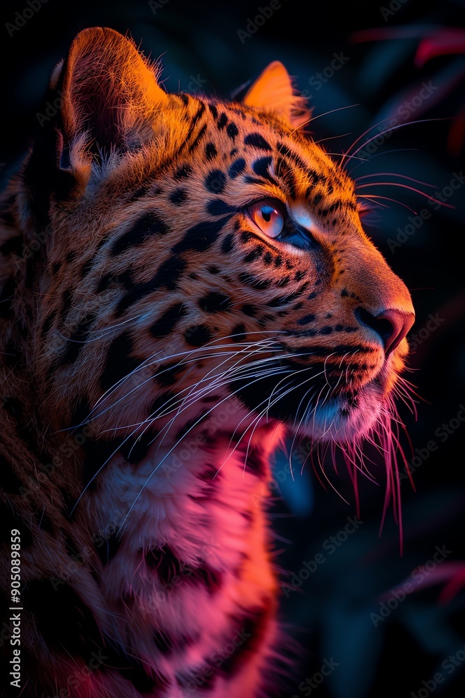 Obraz premium Vibrant leopard, neon jungle backdrop, intense gaze, colorful bokeh, fantasy lighting