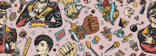 Punk lifestyle. Hooligans. Anarchy art. Punker with mohawk, electric guitar, rock woman. Music concept. Rock culture musical background. Seamless pattern