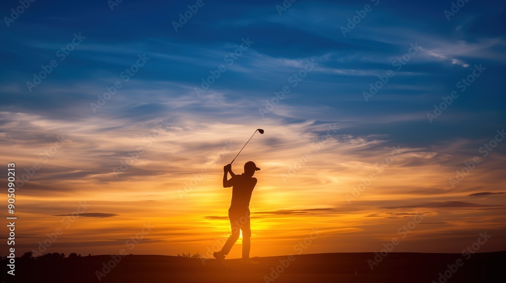 A golfer swinging a club, silhouetted against a stunning sunset sky. A golfer swinging a club, silhouetted against a stunning sunset sky.