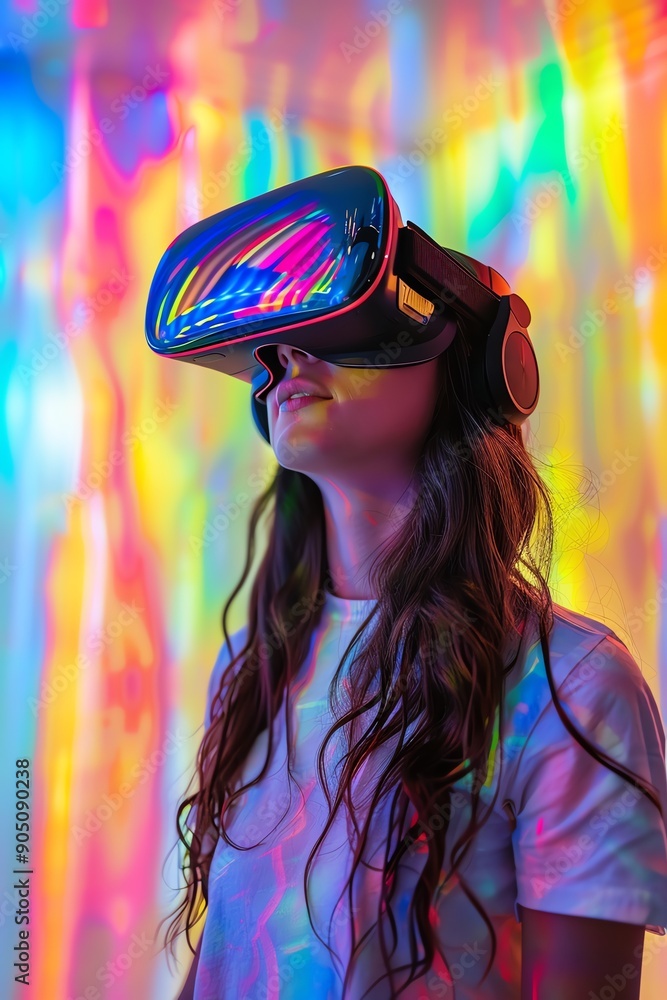 Woman with VR headset, colorful background, immersive experience Woman with VR headset, colorful background, immersive experience