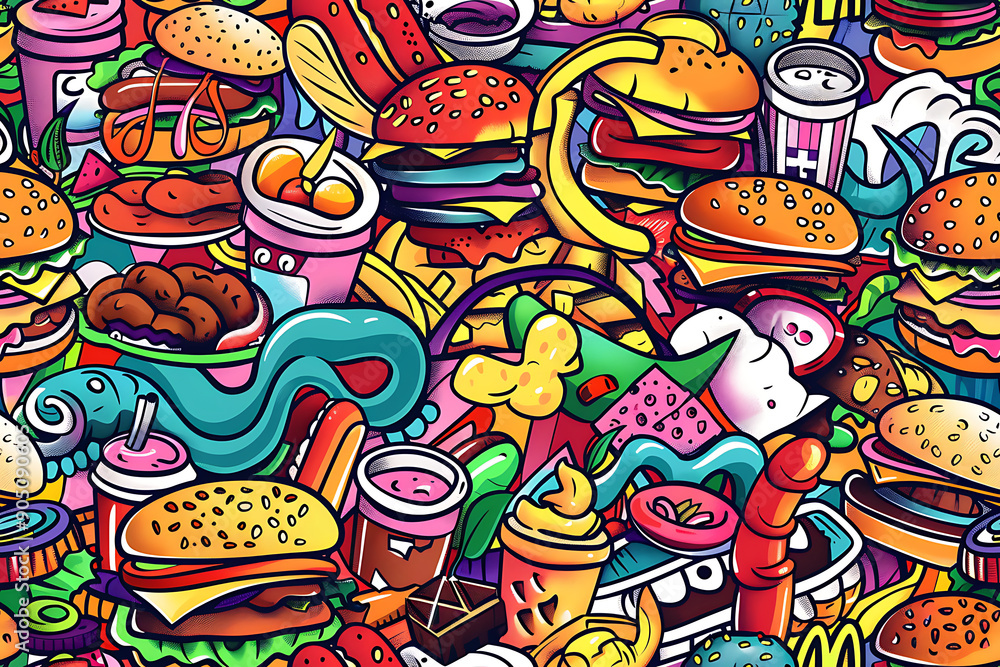 Fototapeta premium Seamless colorful pattern with fast food