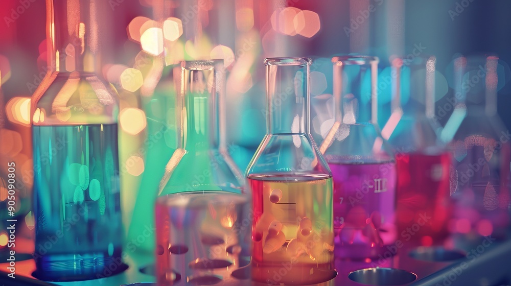 A group of glass beakers filled with colorful liquids against a bokeh background. A group of glass beakers filled with colorful liquids against a bokeh background.