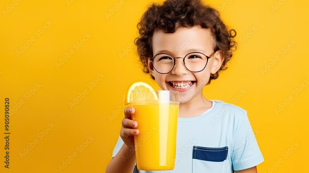 Happy Child with Curly Hair and Glasses Holding a Glass of Fresh Orange Juice Against a Bright Yellow Background Happy Child with Curly Hair and Glasses Holding a Glass of Fresh Orange Juice Against a Bright Yellow Background