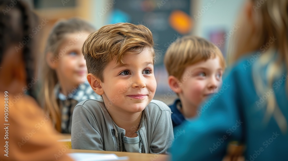 Boy with brown hair and a smile is sitting at a table with friends in the classroom. Happy boy is attending class at school. Boy with brown hair and a smile is sitting at a table with friends in the classroom. Happy boy is attending class at school.