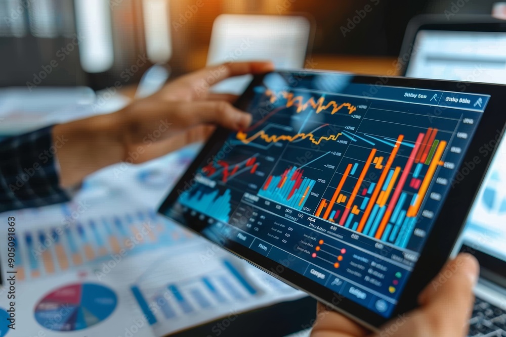 Business Professional Analyzing Financial Data on Digital Tablet with Charts and Graphs in Modern Office Setting Business Professional Analyzing Financial Data on Digital Tablet with Charts and Graphs in Modern Office Setting