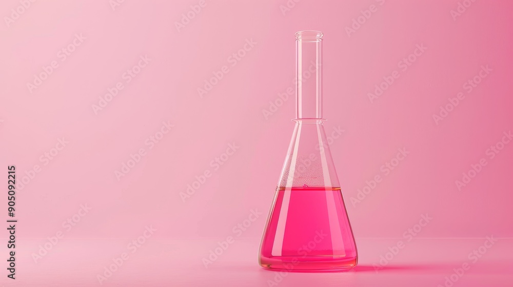 A single glass flask filled with pink liquid stands against a pink background A single glass flask filled with pink liquid stands against a pink background