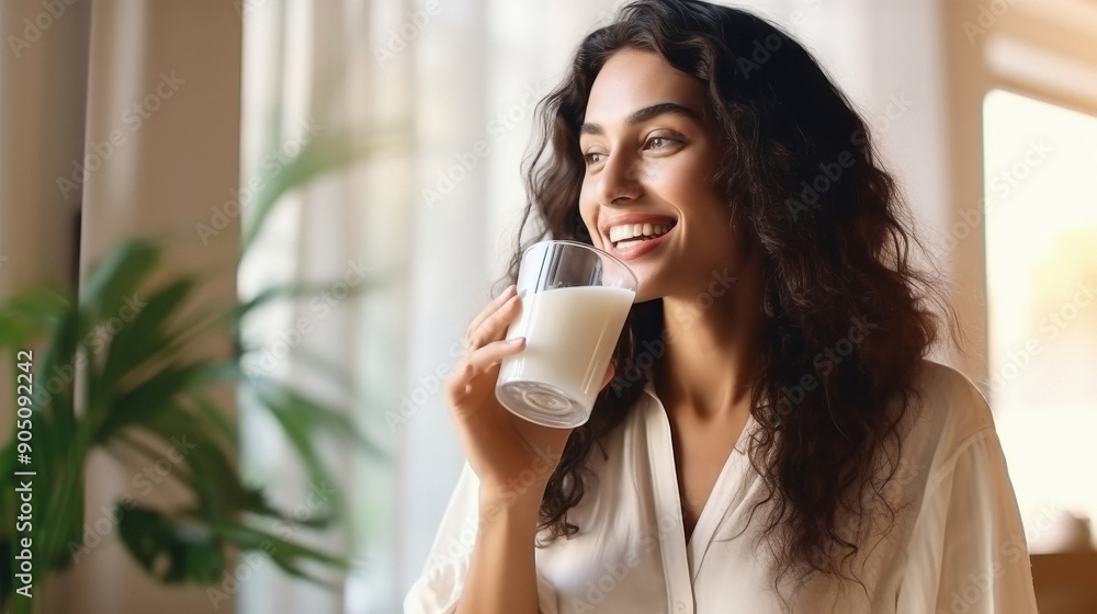 Health care, pretty young indian woman, girl drinking a glass of white fresh, dairy milk for calcium, vitamin wholesome good nutrition in morning at kitchen Health care, pretty young indian woman, girl drinking a glass of white fresh, dairy milk for calcium, vitamin wholesome good nutrition in morning at kitchen