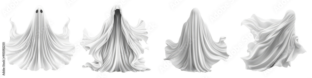Four ghosts in white robes, one of which is a skeleton Four ghosts in white robes, one of which is a skeleton