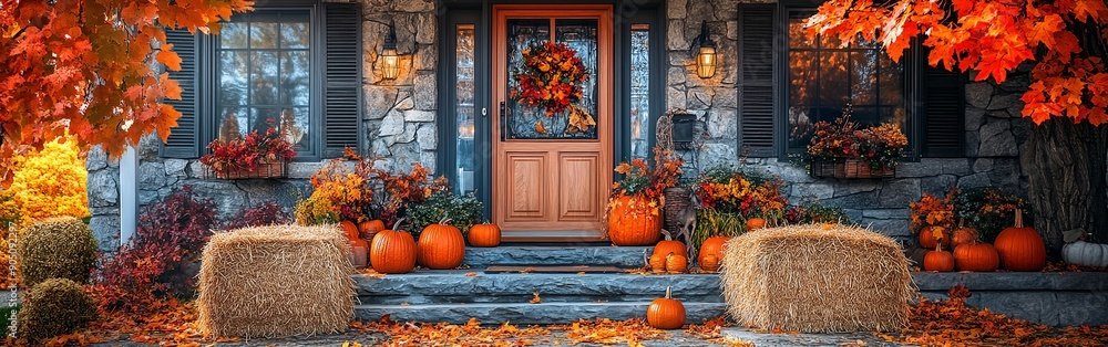 Obraz premium Welcoming House Entrance Adorned with Autumn Decor