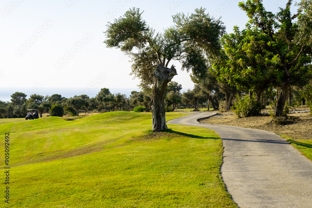 Golf teeing ground in golf course with sunrise background. Golf teeing ground in golf course with sunrise background.