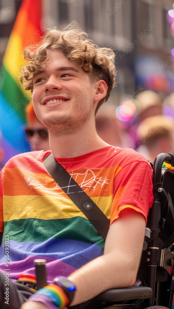 Obraz premium Young man in wheelchair celebrating at LGBTQ+ Pride Parade