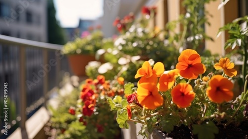 Wallpaper Mural Vibrant Orange Flowers on a City Balcony Torontodigital.ca