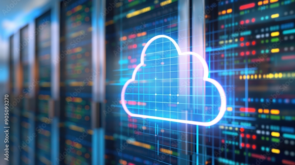 Fototapeta premium cloud computing technology with data servers in the background. Digital and technology concepts.