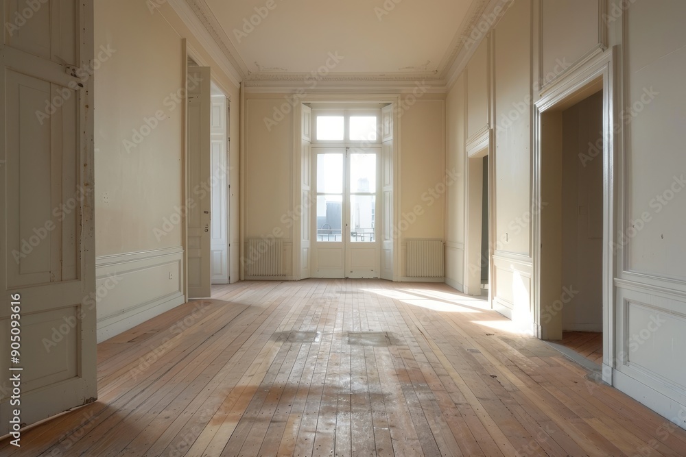 Obraz premium An empty room with white walls and wooden floors, How does the presence of underfloor heating change the overall atmosphere of an old flat?