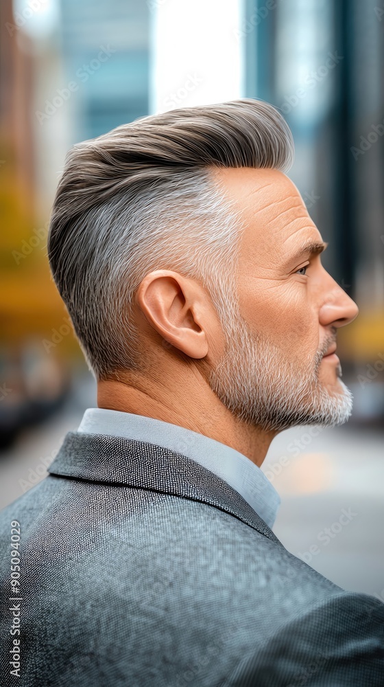 Profile view of a mature man with stylish gray hair, dressed in a suit, exuding confidence in an urban setting. Profile view of a mature man with stylish gray hair, dressed in a suit, exuding confidence in an urban setting.
