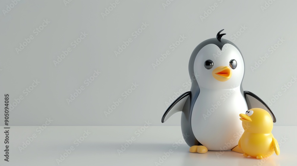 Obraz premium A cartoon penguin and a cartoon chick on a white background.