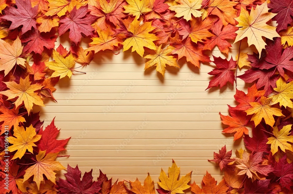 A autumn-themed background for greeting card. A blank area, scattered Autumn leaves in various shades of red, orange, and yellow A autumn-themed background for greeting card. A blank area, scattered Autumn leaves in various shades of red, orange, and yellow