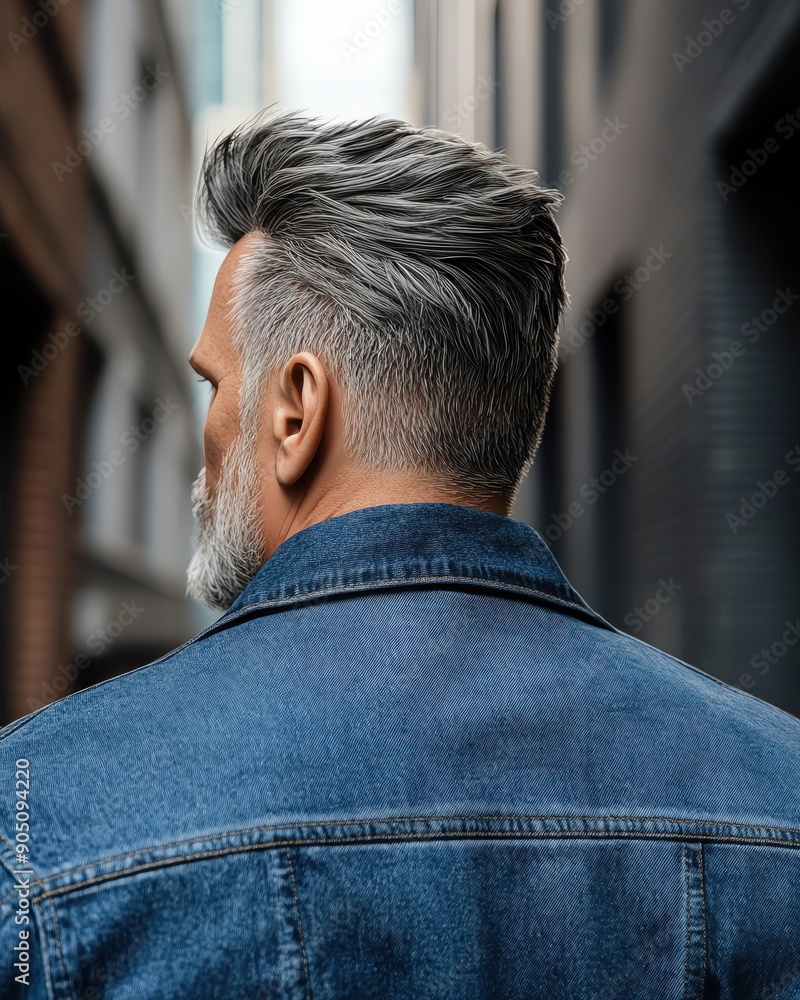 Stylish man with gray hair and beard wearing denim jacket in urban setting, showcasing modern fashion and confidence. Stylish man with gray hair and beard wearing denim jacket in urban setting, showcasing modern fashion and confidence.